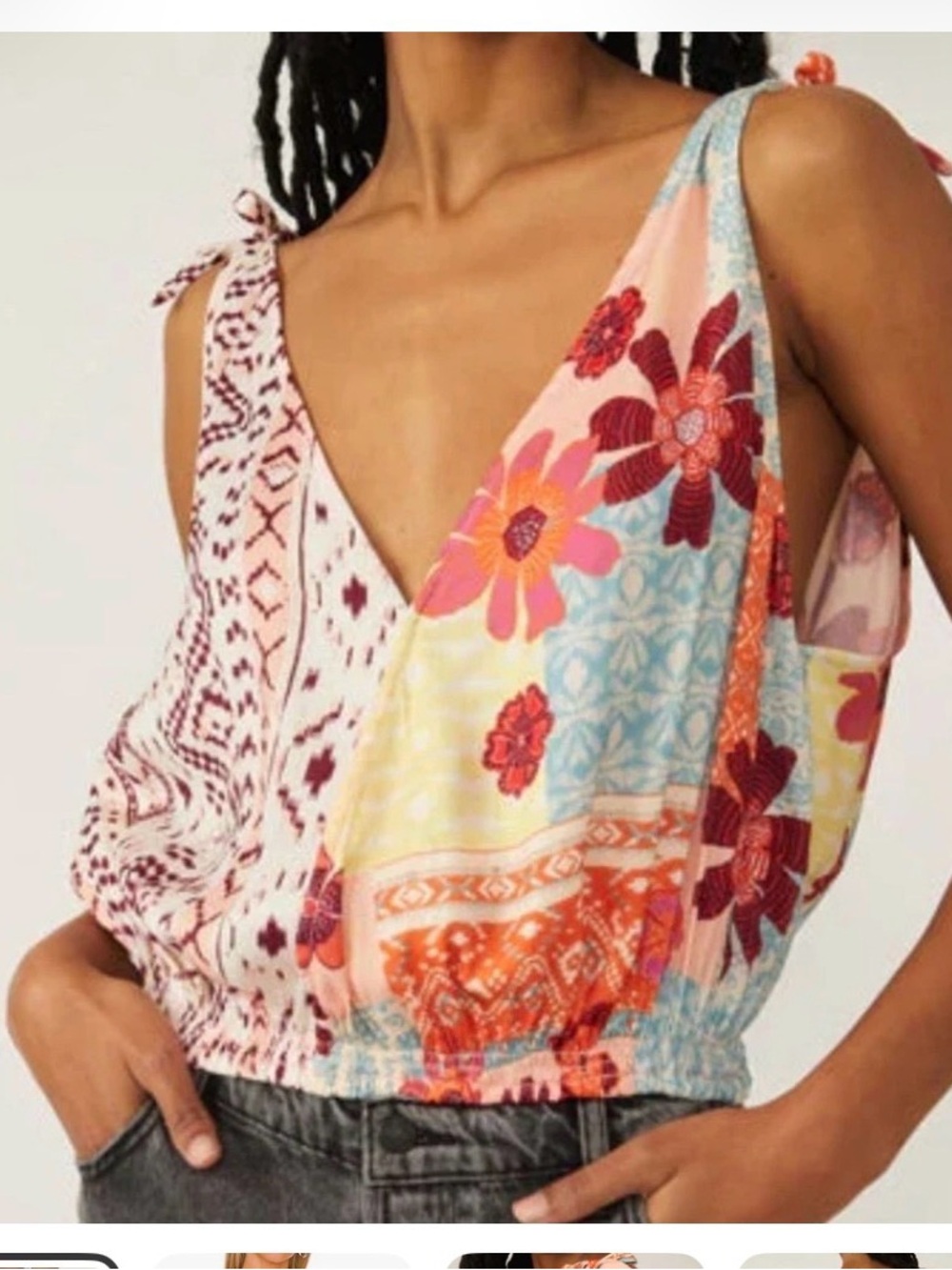 NWT Free People Floral Patchwork V-Neck Tie-Shoulder Tank Top - Multicolor